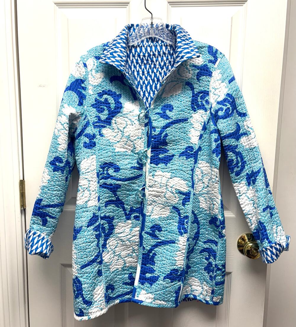 Patty Kim Jacket Blue White Quilted Floral Reversible Geometric Cotton Womens S